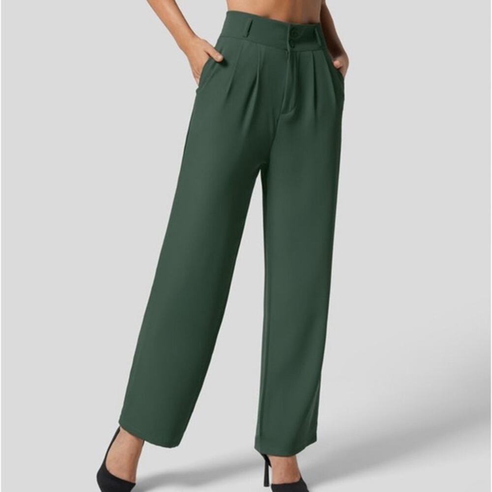 Halara High Waisted Zipper Pocket Shirred Straight Leg Work Pants in Sycamore